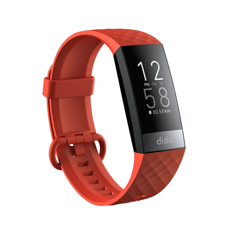Black smart bracelet on wrist showing blood pressure and heart rate data on its 1.1-inch screen.