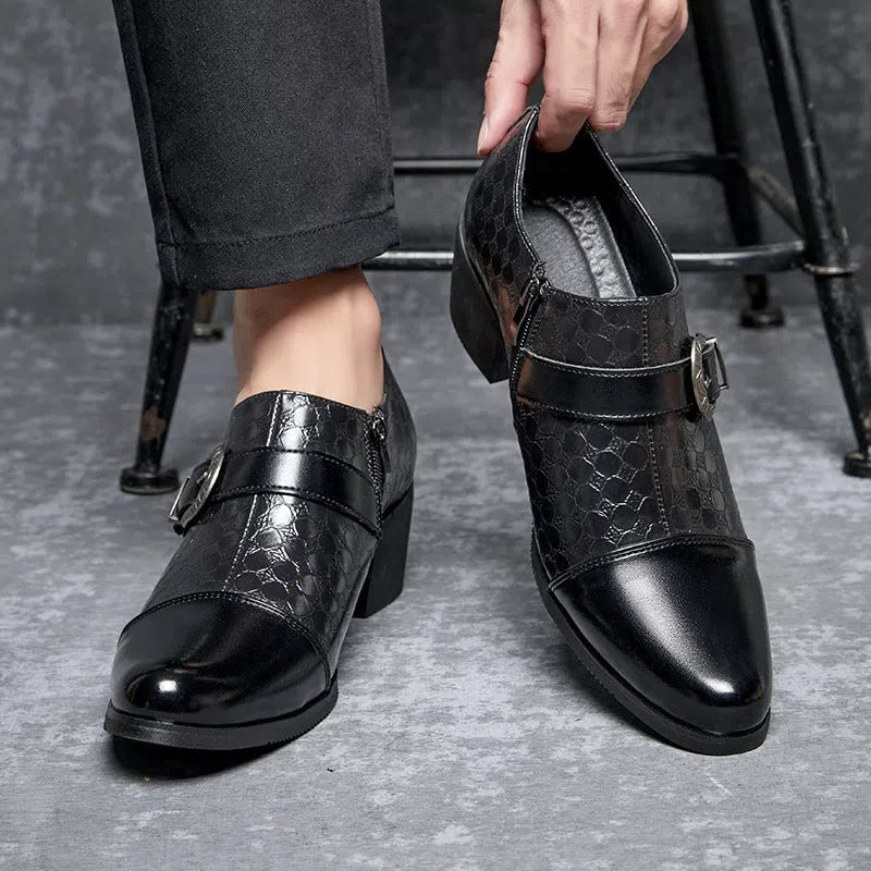 Men's black snakeskin Cuban leather lace-up casual shoes with rubber sole and round toe