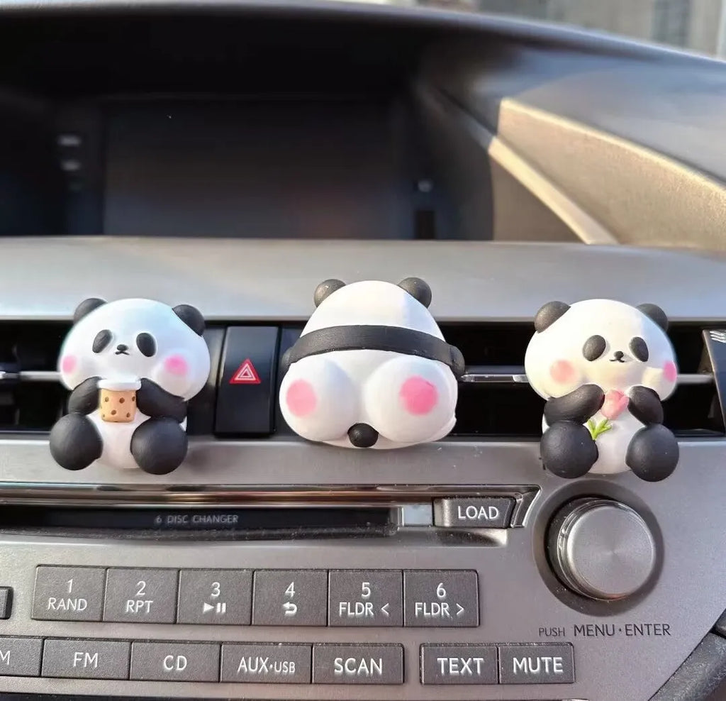 Cute panda car vent perfume decoration in milk tea, flower, and back panda designs.