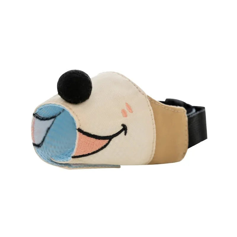 Canvas dog mouth cover muzzle in Ollie brown bear colour on a size chart