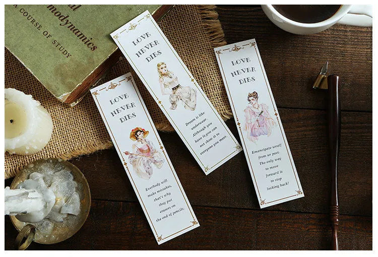 30 sheets of white cardboard bookmarks showing four design themes including Phantom of the Opera and Salt of Life