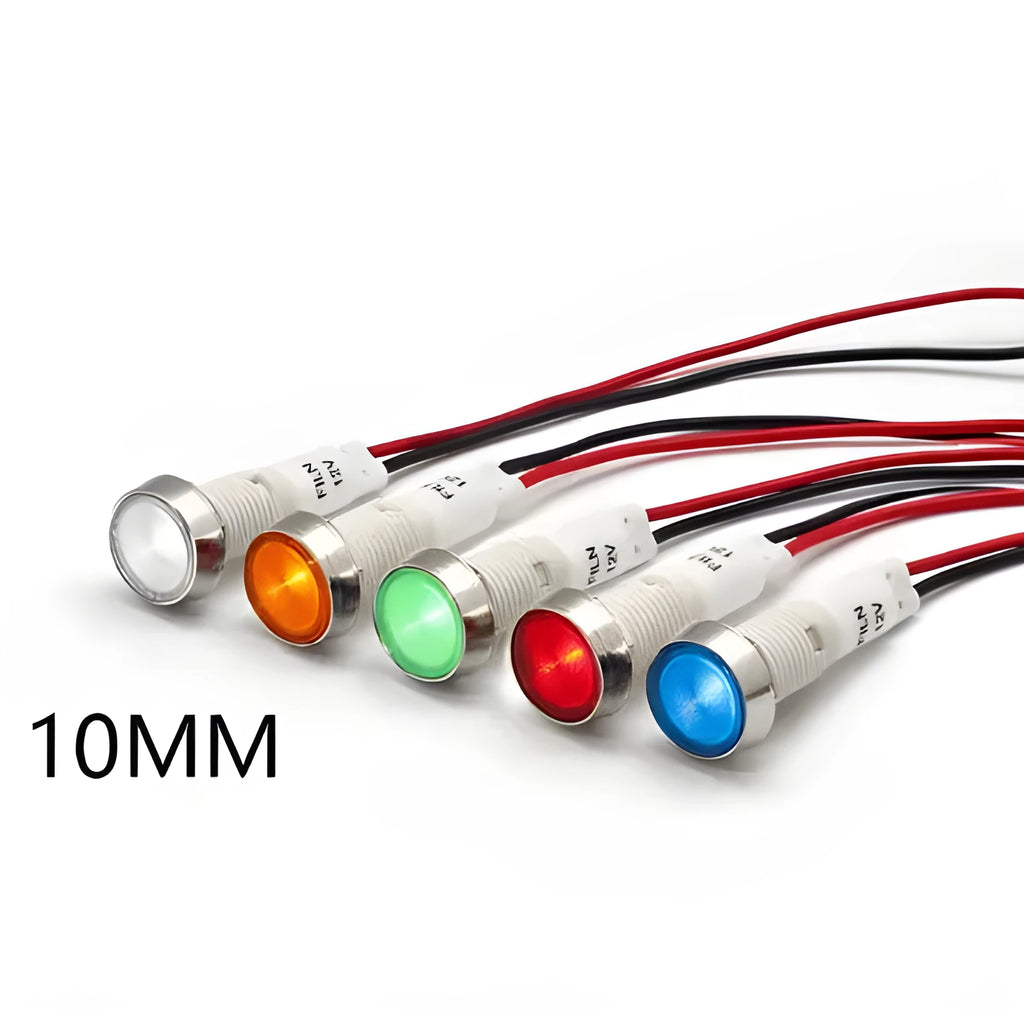10mm plastic indicator light with stainless steel bezel and attached wire, shown in multiple colour options.