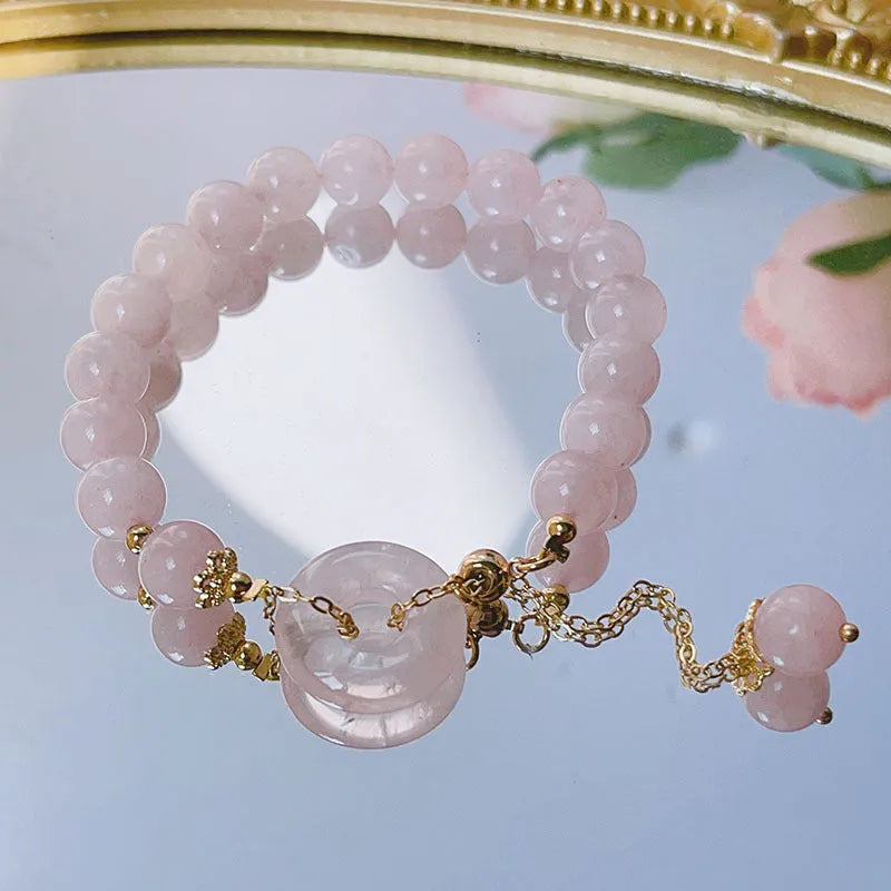 Pink crystal safety buckle bracelet for women with peace symbol clasp and adjustable band