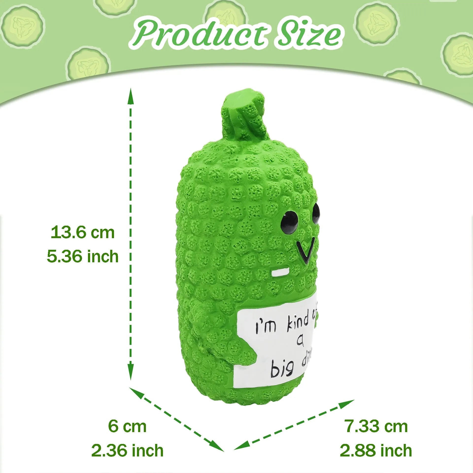 Green latex pickle dog toy with bumpy texture and squeaker inside.