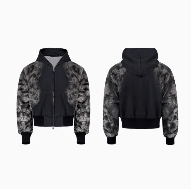 Street-trend loose fit clothing set showing printed hoodie, seven-inch shorts, and matching trousers.