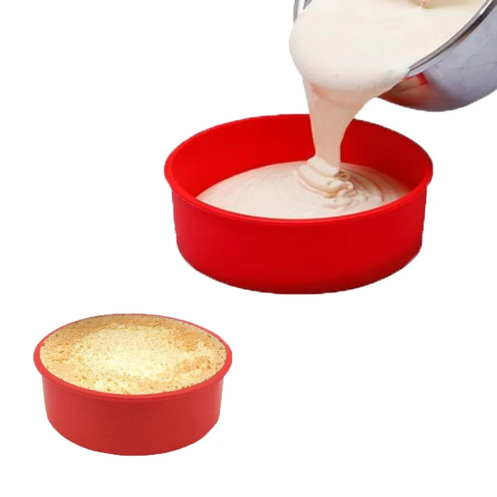 Red silicone round cake baking mould showing three size options for home baking
