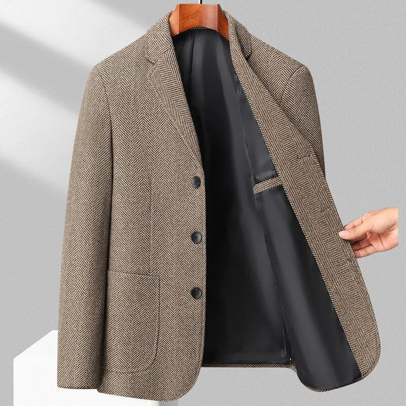 Men's loose fit woolen coat in solid colour for spring and autumn casual wear