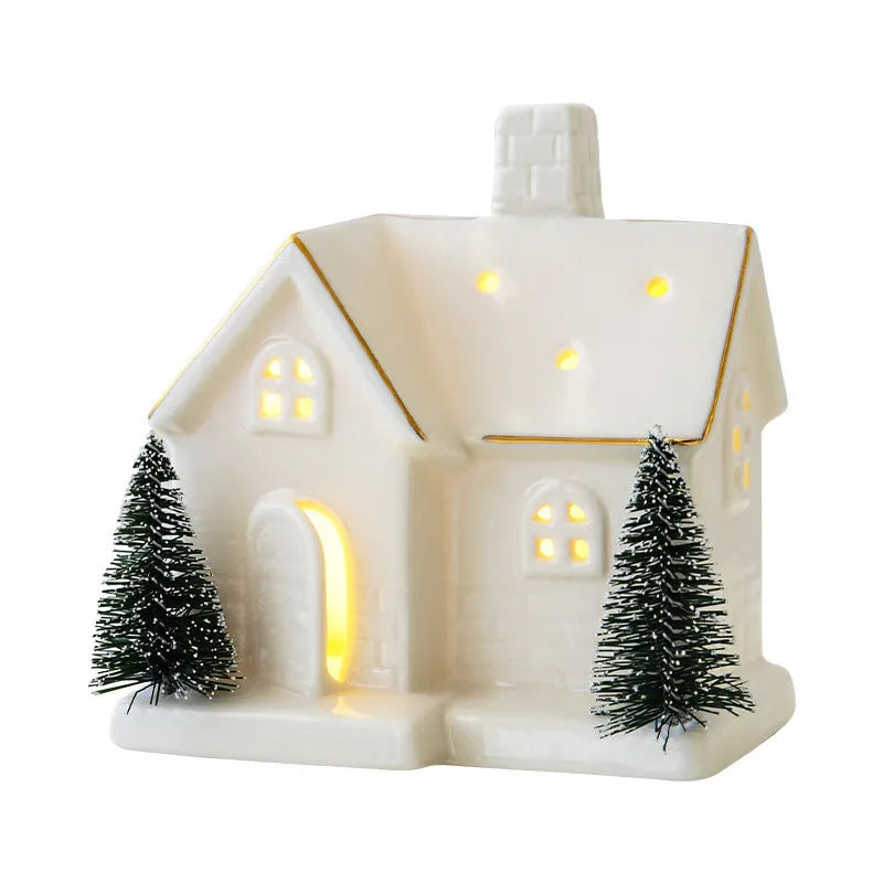Ceramic Christmas tree house ornament in European style villa design with open door