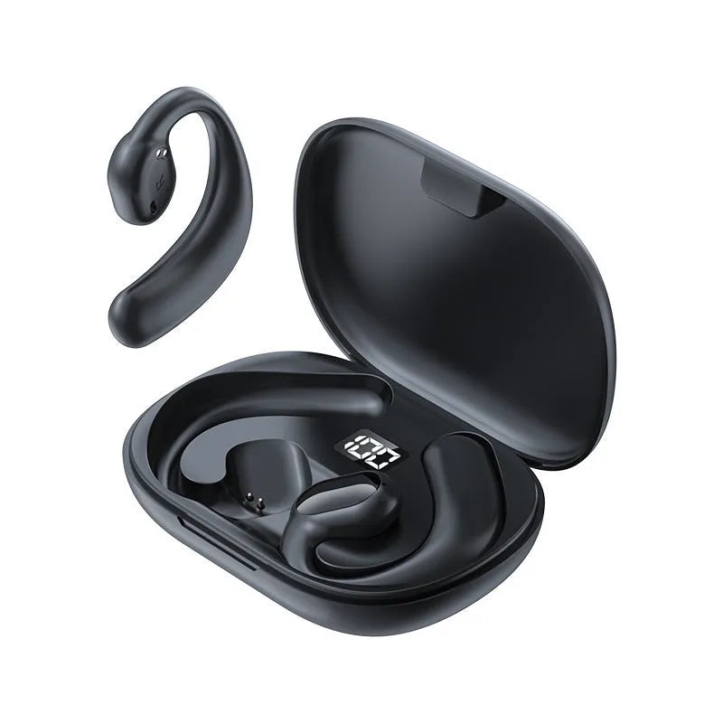 Black and white ear-mounted Bluetooth headset with a digital display screen on the side.