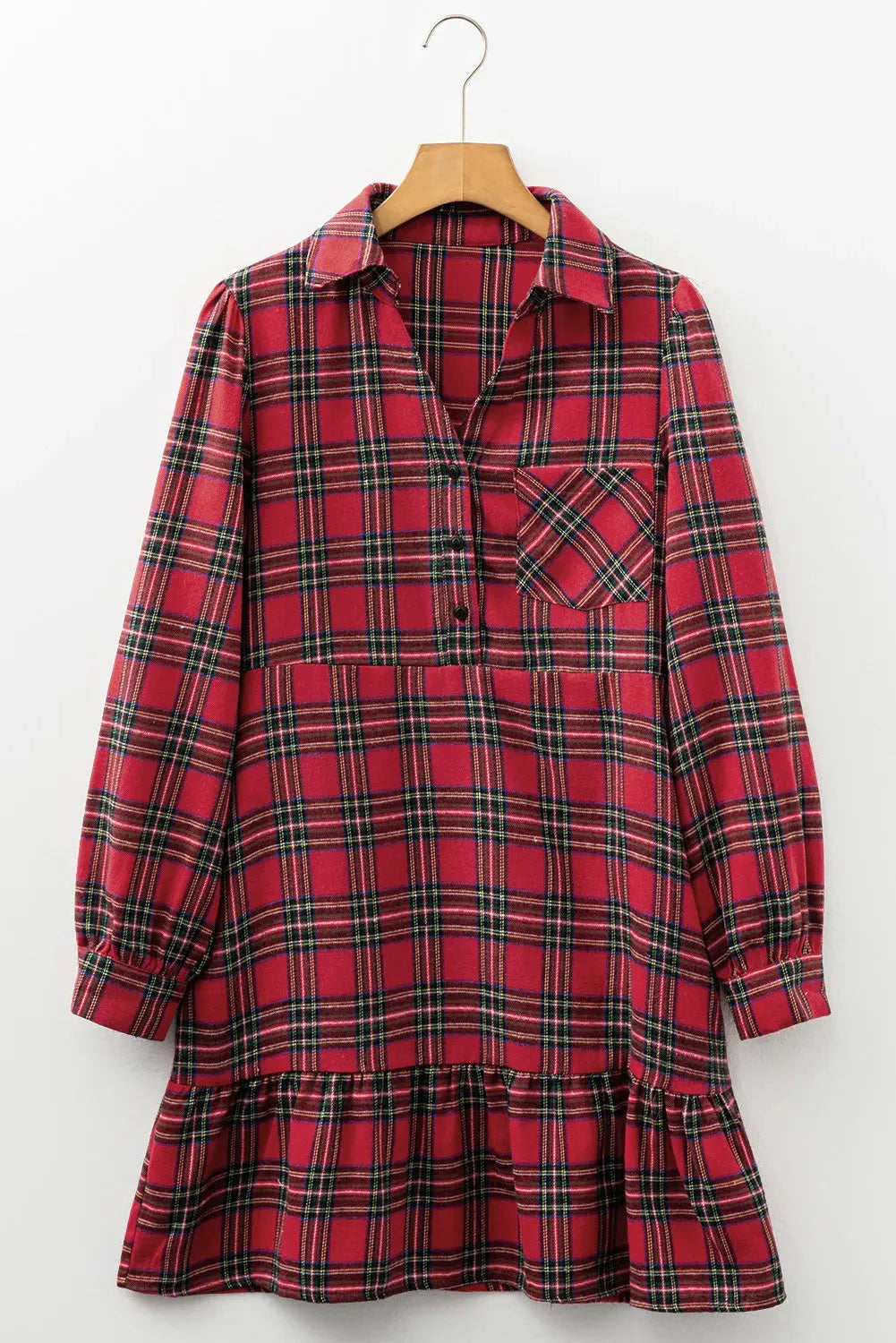Red plaid shirt collar mini dress with long sleeves, half-button front, and ruffle hem.