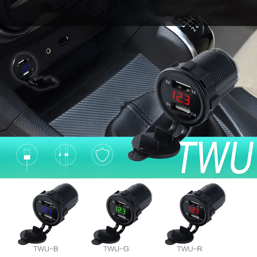 Waterproof motorcycle USB car charger with snap-on design for 12V cigarette lighter sockets.