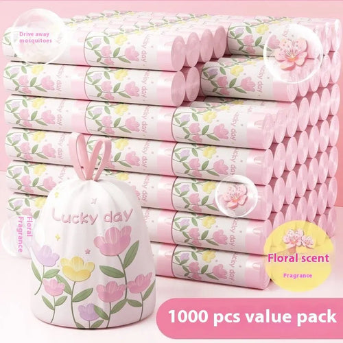 Pink degradable drawstring garbage bags with argy wormwood for mosquito repellent, size 44cm by 48cm.