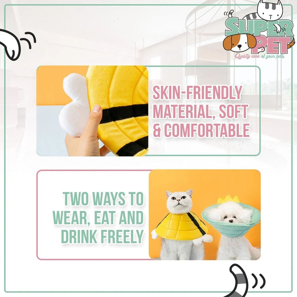 Soft cat cone collar with cute bee design showing Velcro closure for adjustable sizing