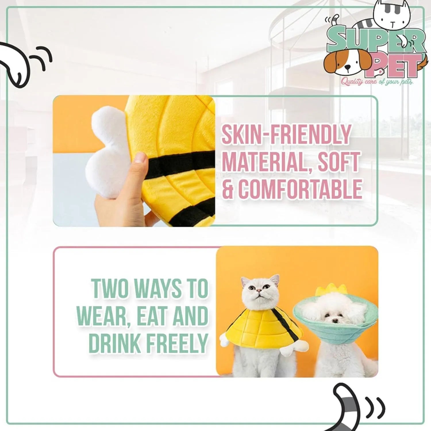 Soft cat cone collar with cute bee design showing Velcro closure for adjustable sizing