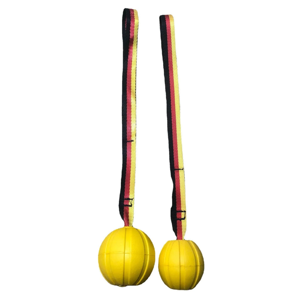 Yellow and camouflage coloured EVA floating dog balls with strings in three different sizes on a blue background.