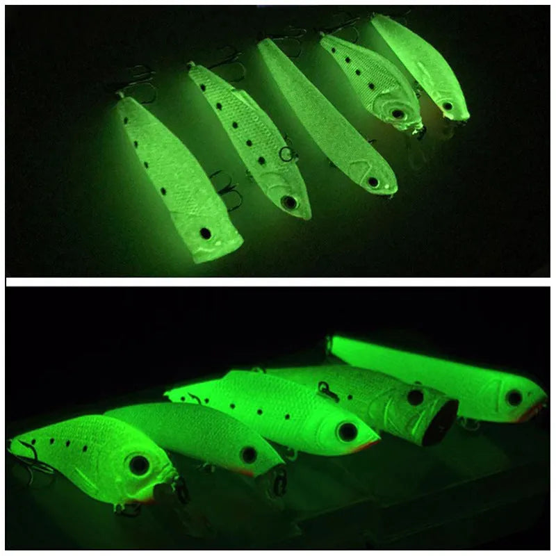 Set of five multi-colour 3D fluorescent hard bait fishing lures with luminous design.