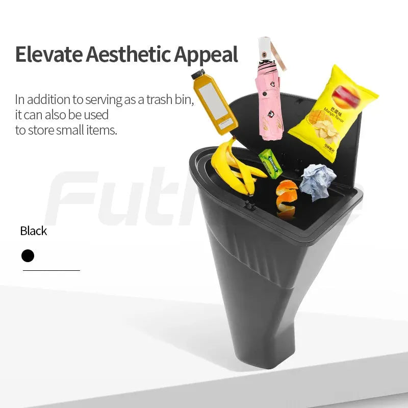 Black ABS plastic car door trash can designed for Tesla Model Y front door pockets.