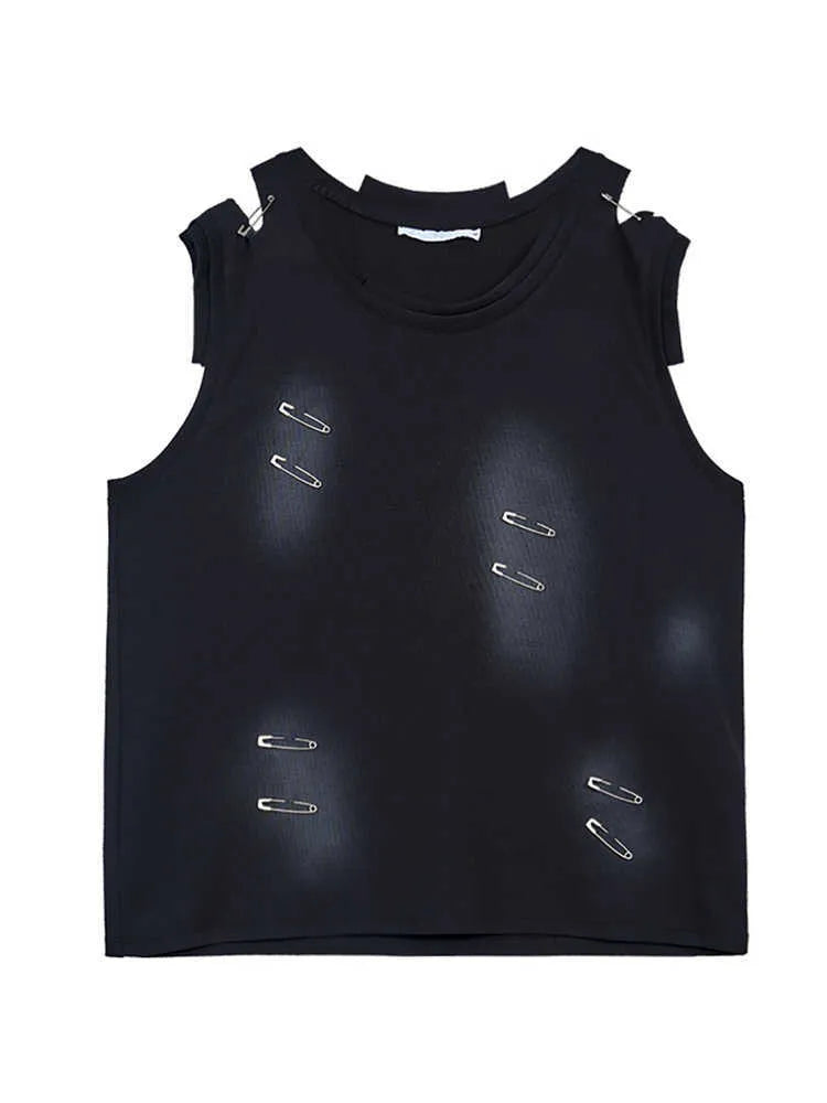 Men's black sleeveless waistcoat vest with irregular cutting and ripped design details