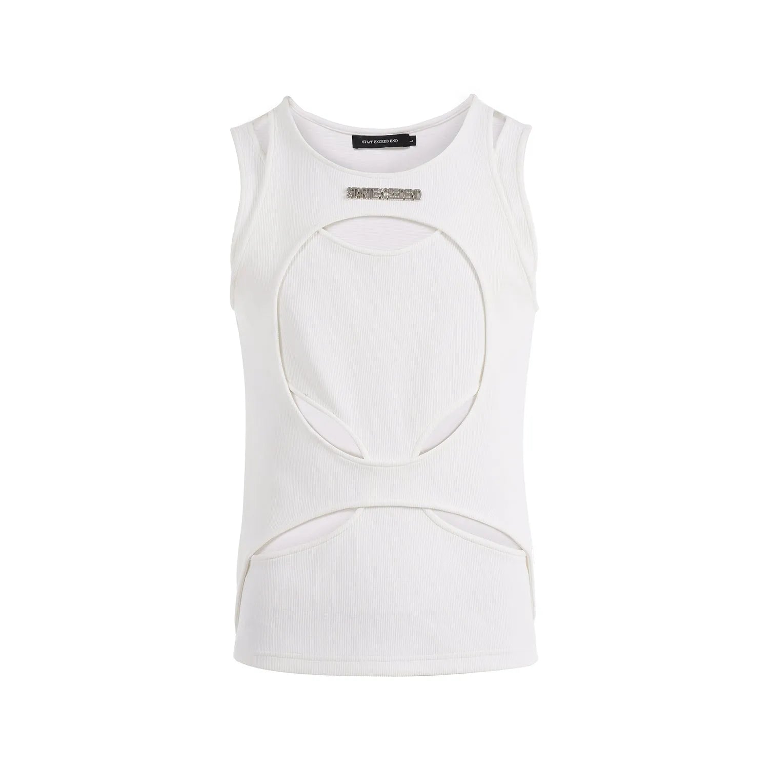 Men's black and white sleeveless waistcoat vest with round neck and hollow thread construction.