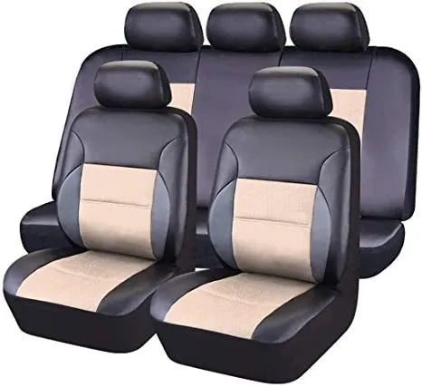 Black artificial leather car seat covers installed on front seats of a 5-seater vehicle.