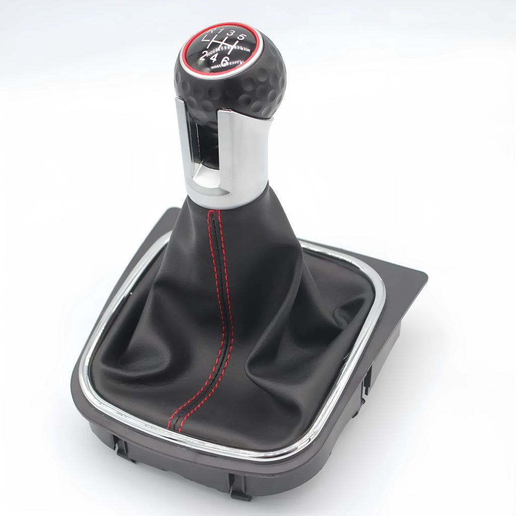 Leather gear shift knob with attached dust boot for Volkswagen Golf manual transmission.