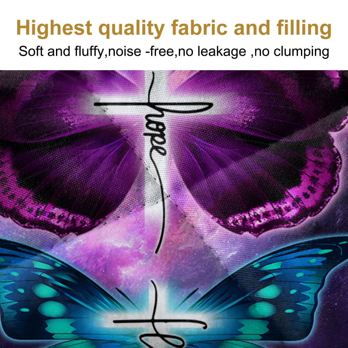 Purple butterfly patterned pet themed quilt set with two pillow shams on a bed
