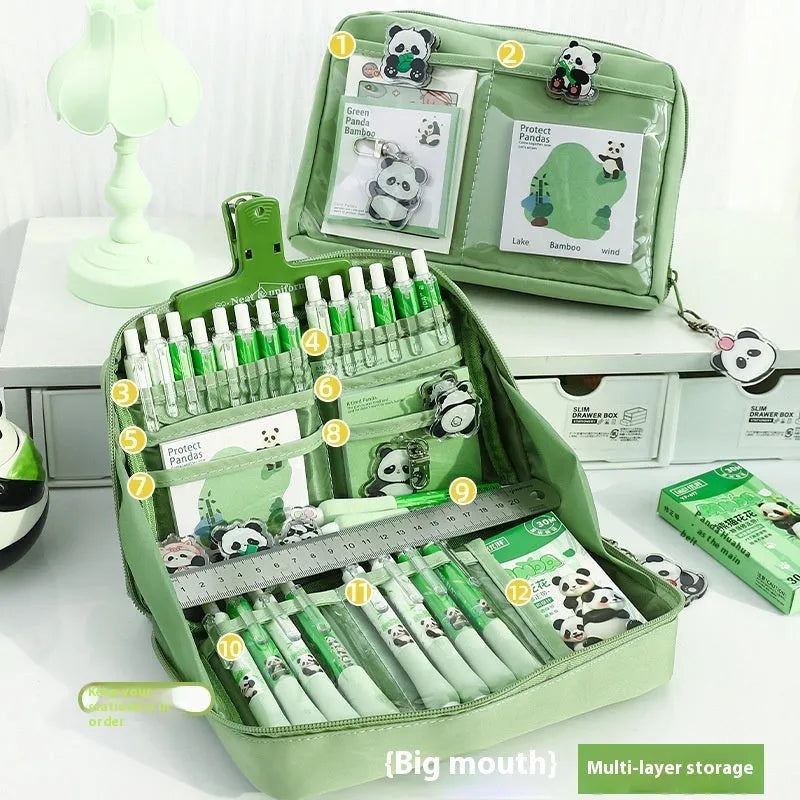 Green canvas pencil case with 12 layer compartments showing Korean style design