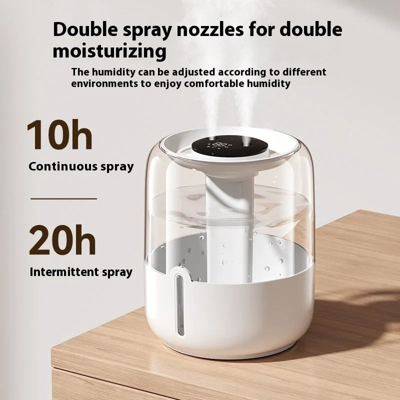 Round beige humidifier with USB port, dual spray nozzles, humidity display, and night light