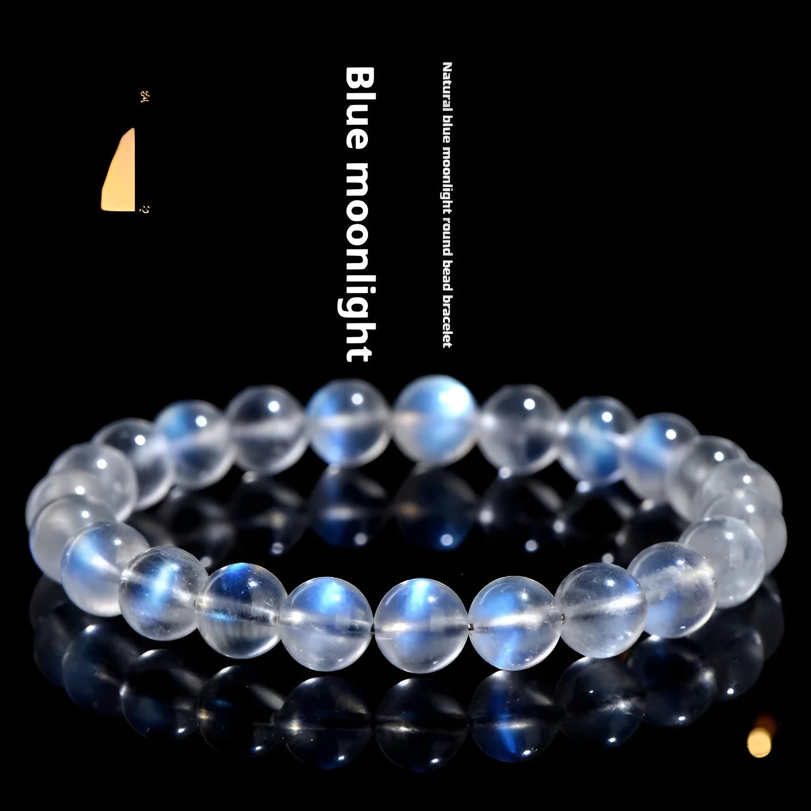 Natural cream body blue moonlight crystal bracelet showing grinding finish on wrist, available in single circle, strip or three ring designs.