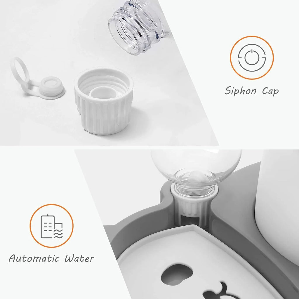 Grey panda-shaped elevated pet feeder with tilted stainless steel bowls and attached water bottle