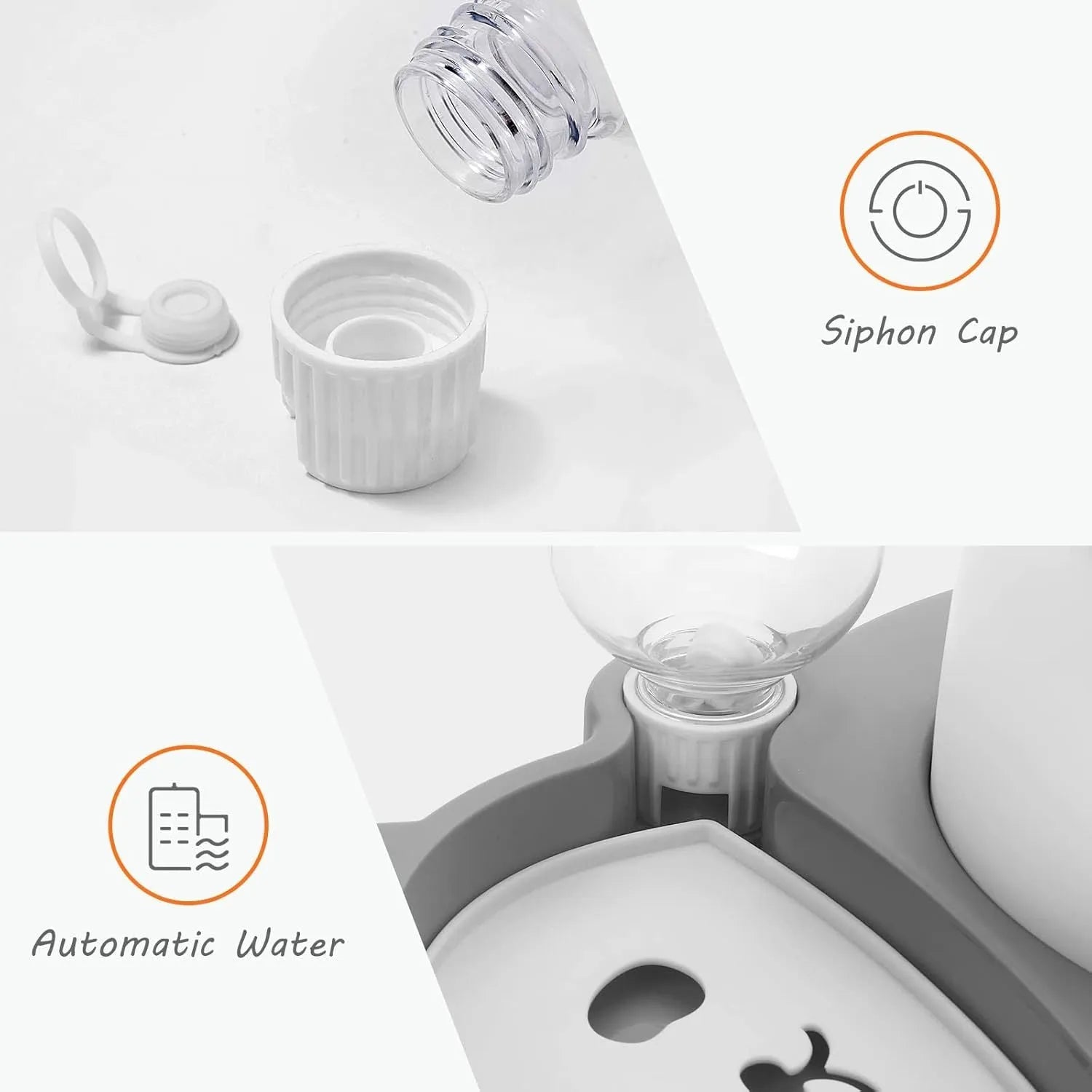 Grey panda-shaped elevated pet feeder with tilted stainless steel bowls and attached water bottle