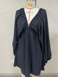 Women's polyester puff sleeve dress with V-neck and flounced swing skirt in apricot colour