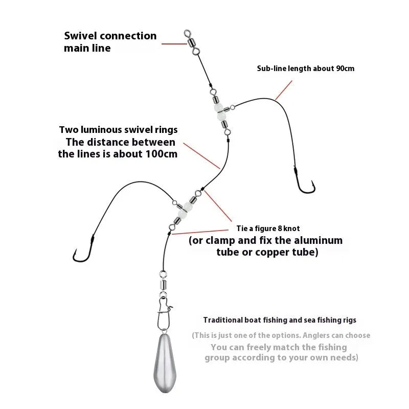 Copper luminous three-fork swivel beads and T-type balance rings for fishing lure assembly.