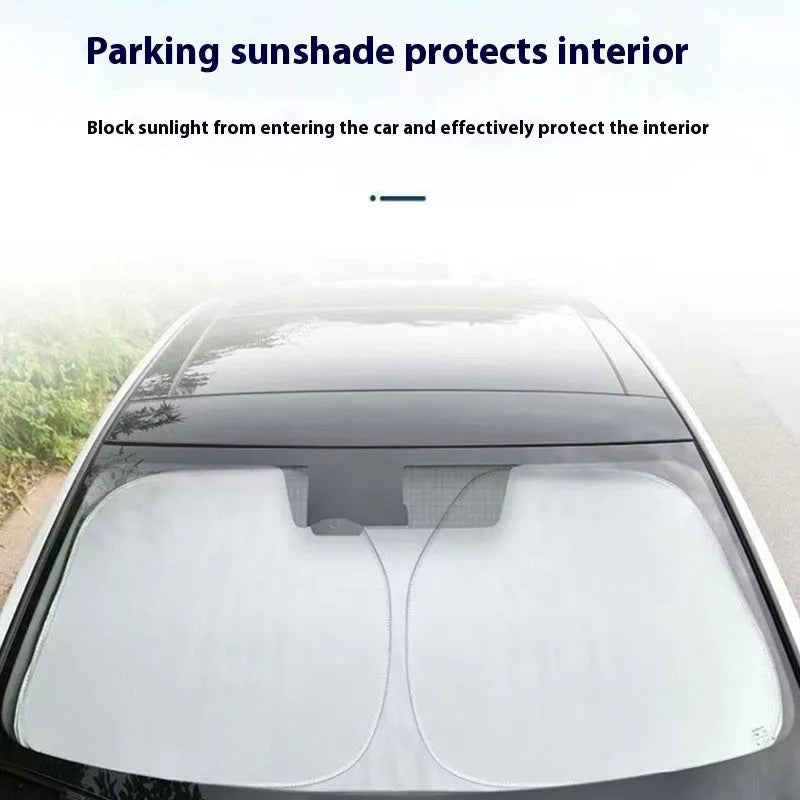 Aluminium foil car windscreen sunshade in silver colour, shown in a rectangular flat size.