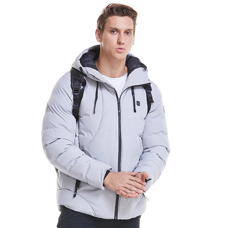 Grey USB electric heated jacket with hood and zipper on a person, outdoor winter background, size M to 7XL available