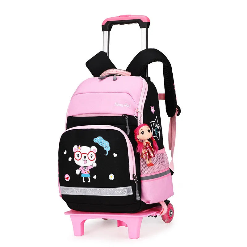 Korean red and black trolley backpack for elementary school students with wheels.