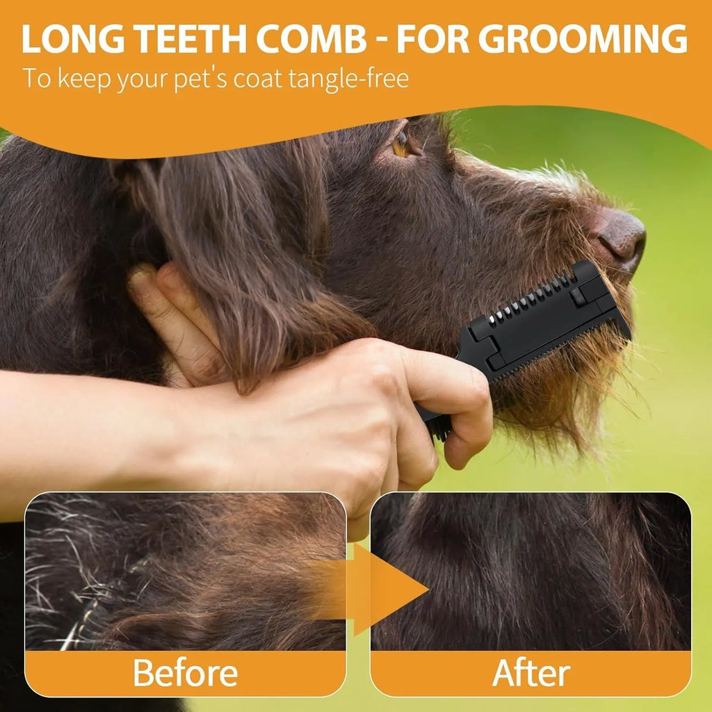 Pet razor comb grooming tool with comb teeth and trimming blade, shown with replacement blades
