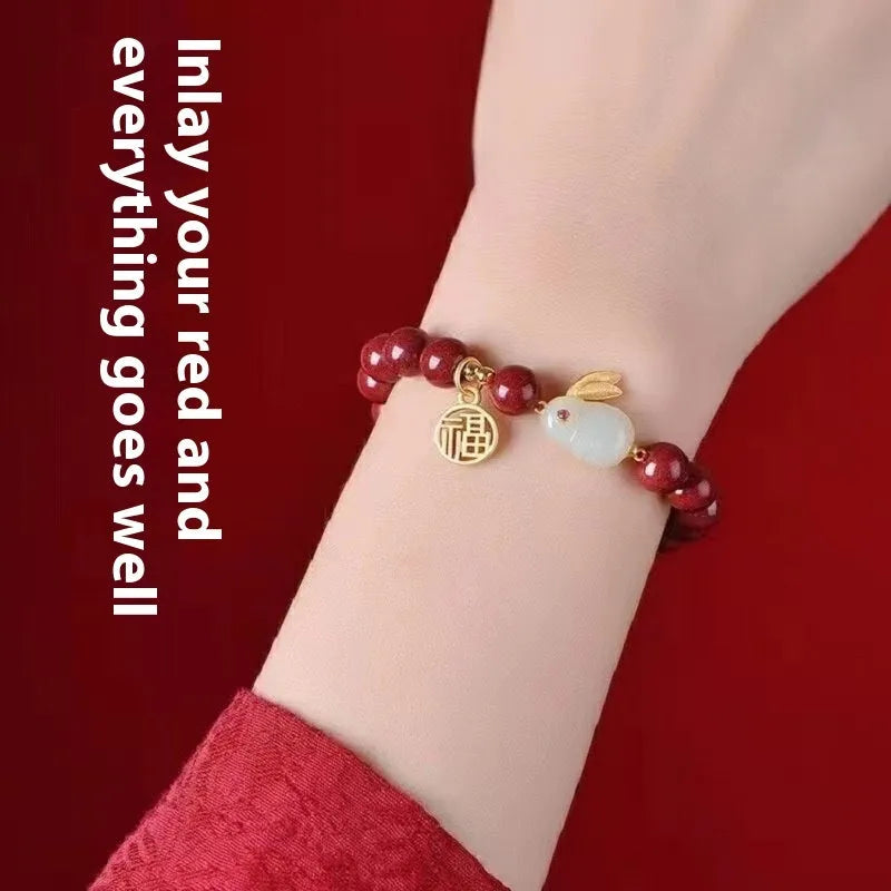 Purple gold sand cinnabar jade hare bracelet retro style unisex jewellery