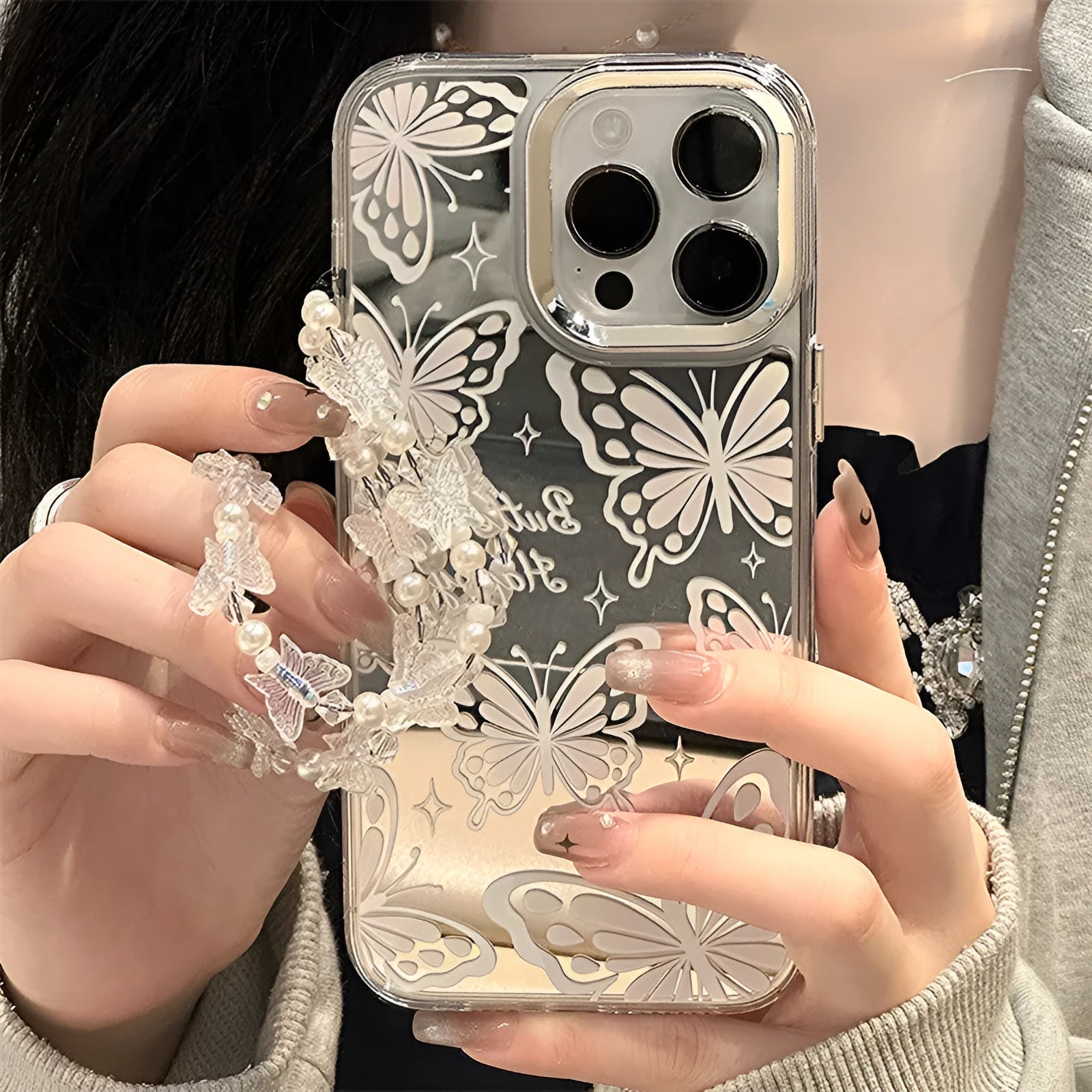 Transparent iPhone case with three-in-one mirror design and bow decoration for iPhone 15 Pro Max