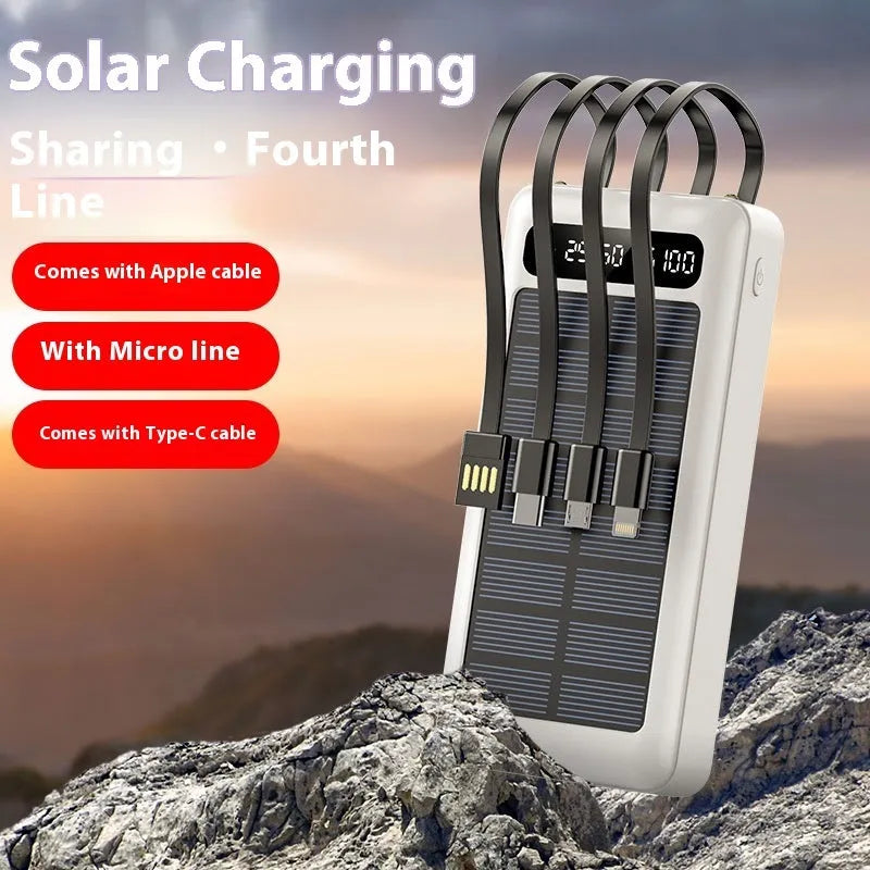 Solar power bank with 30000mAh capacity in industrial-style black plastic casing with charging cable