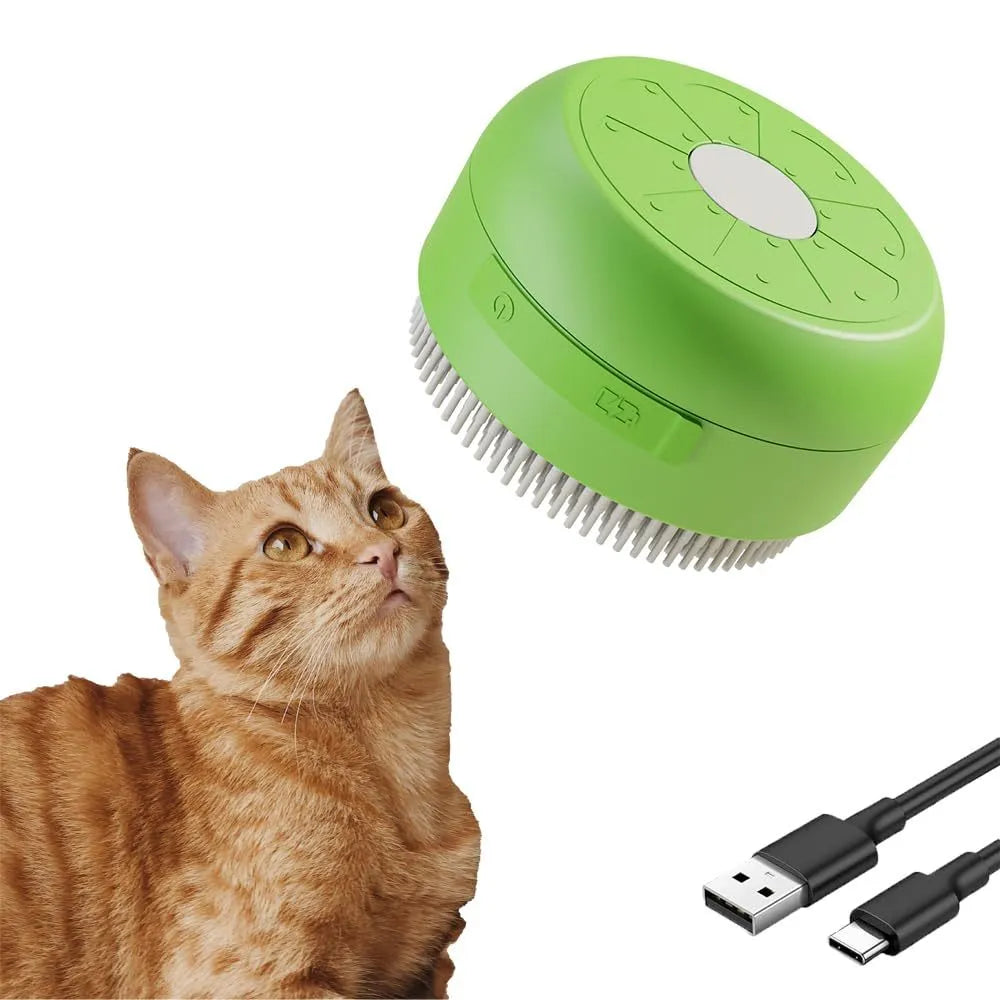 Green and yellow rechargeable steam brush for grooming cats and dogs on a white background.