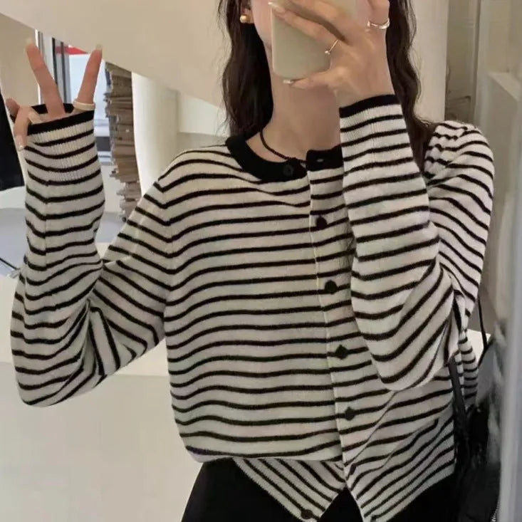 Dark grey and white striped women's cardigan coat with slim fit and short length.