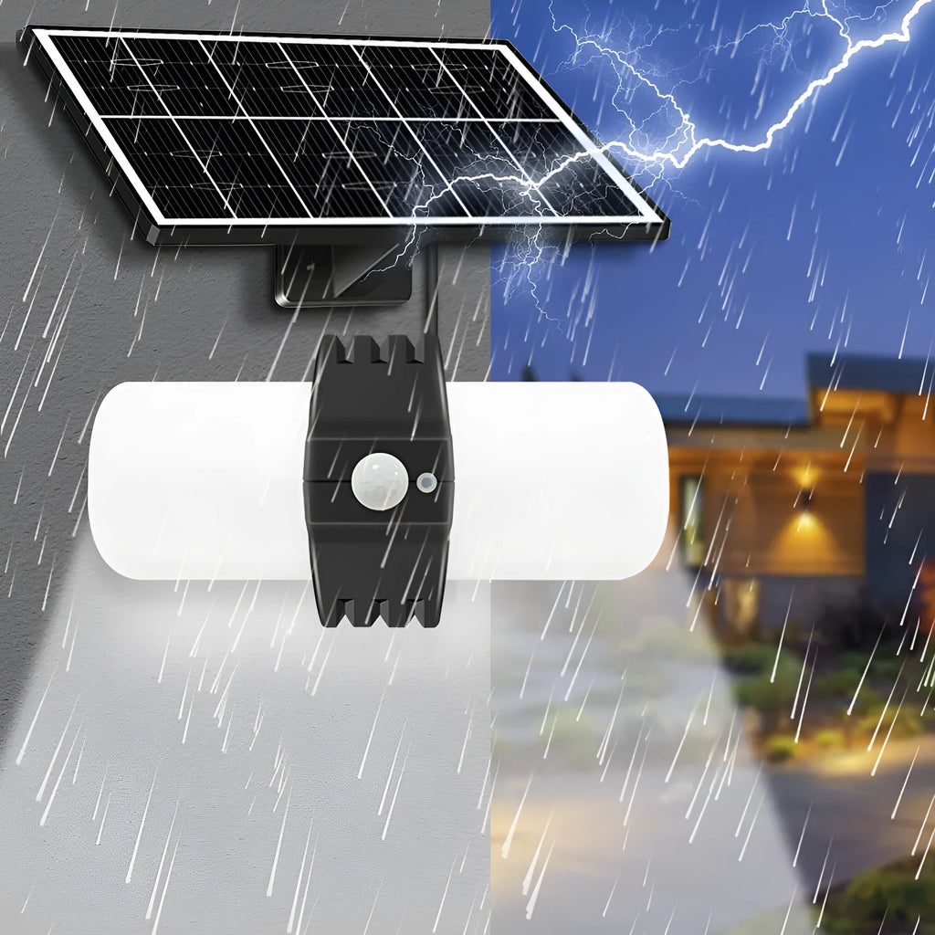 Black abstract-design outdoor solar floodlight with solar panel and motion sensor on wall bracket