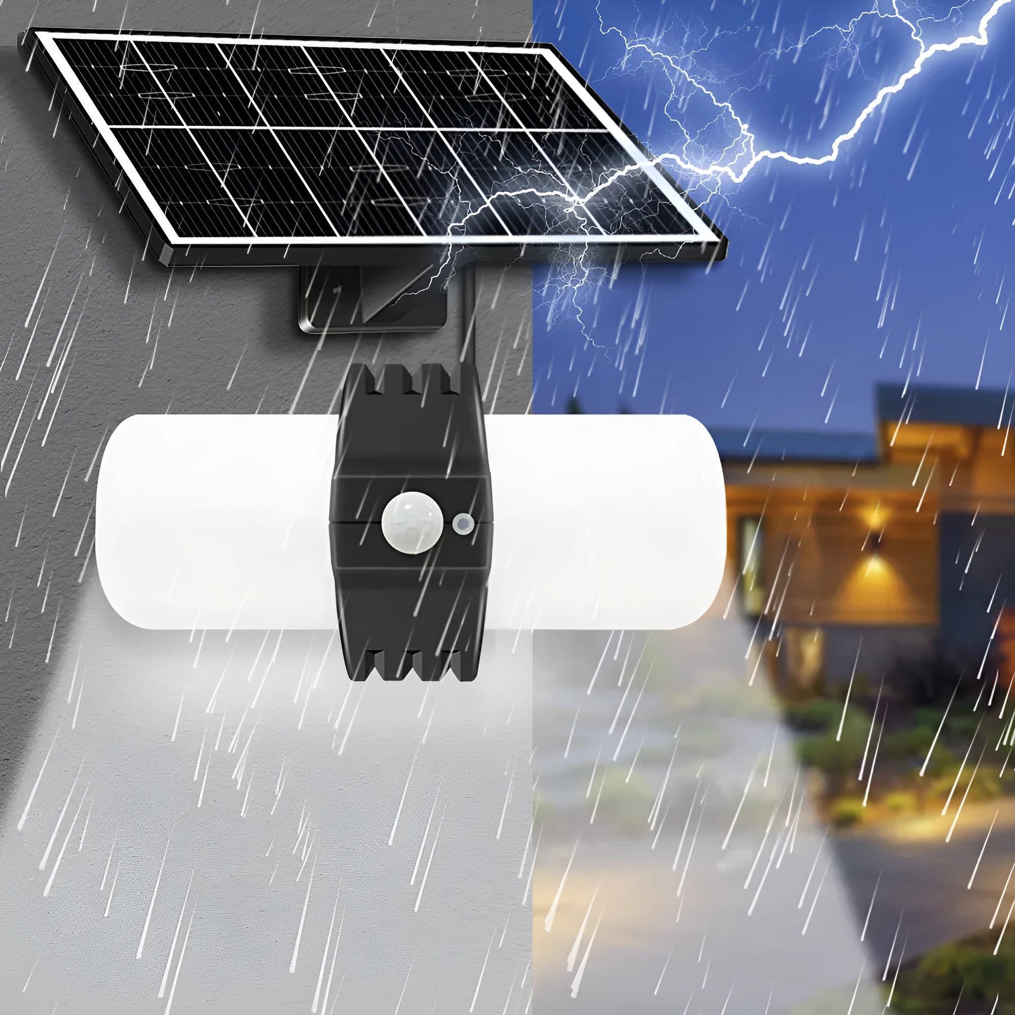 Black abstract-design outdoor solar floodlight with solar panel and motion sensor on wall bracket