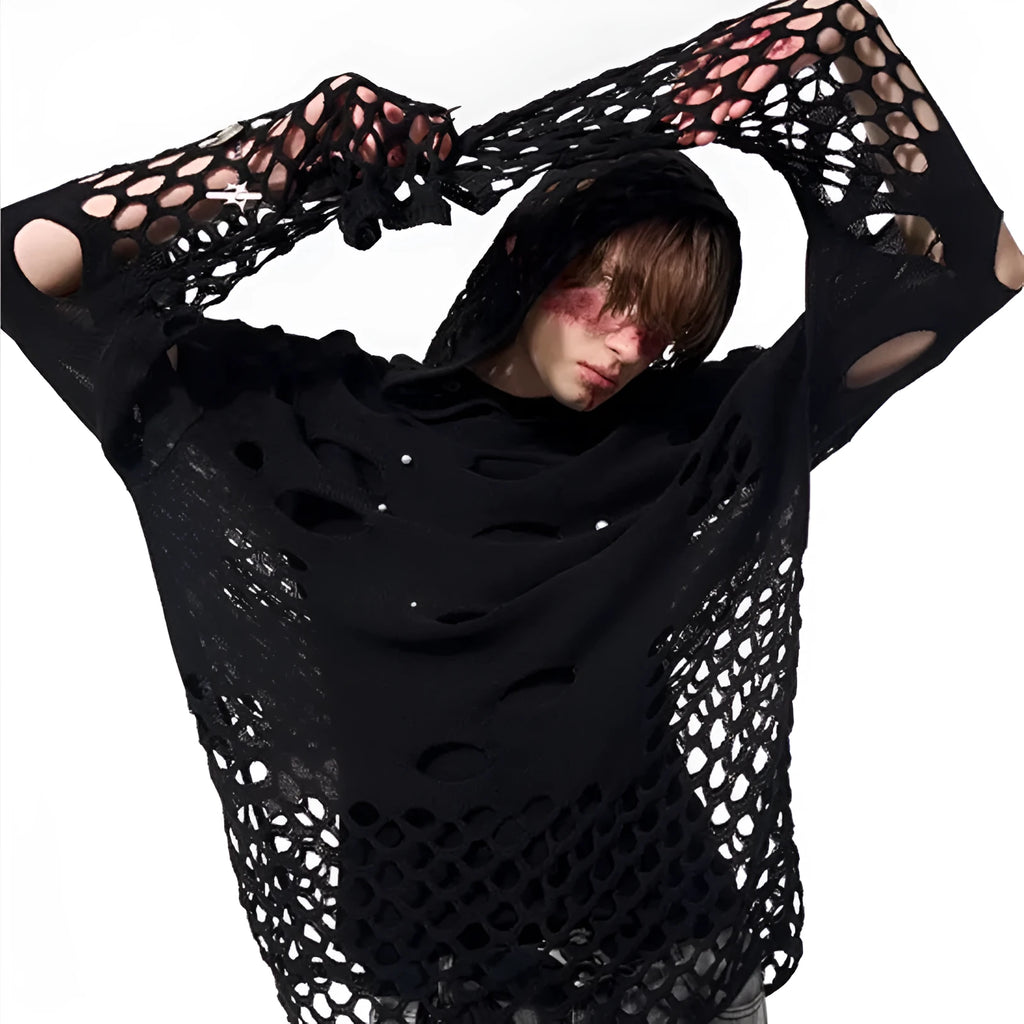Black men's hollow knit hoodie with pearl decoration on the hood, showing loose fit.
