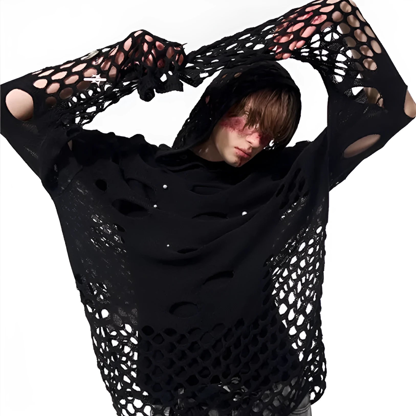 Black men's hollow knit hoodie with pearl decoration on the hood, showing loose fit.