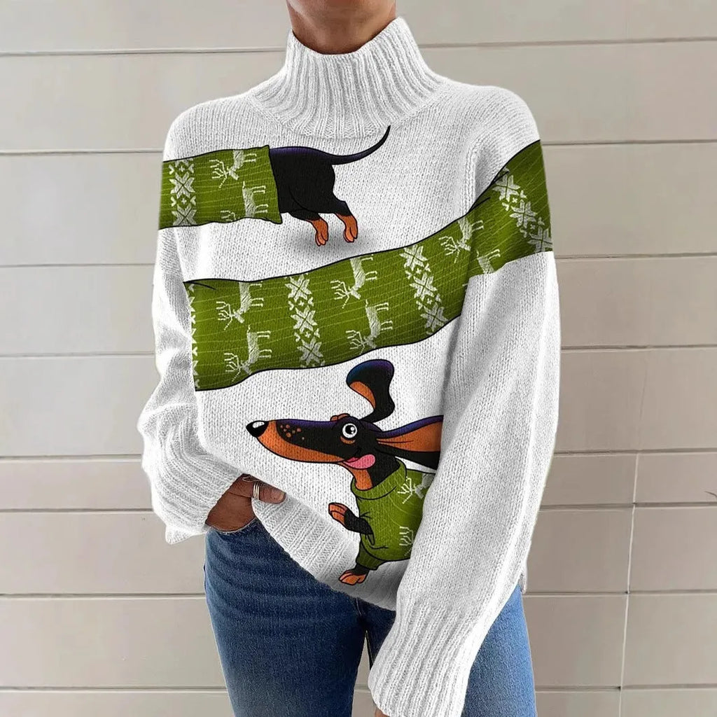 Women's loose-fit Christmas printed turtleneck sweater in a macaron colour