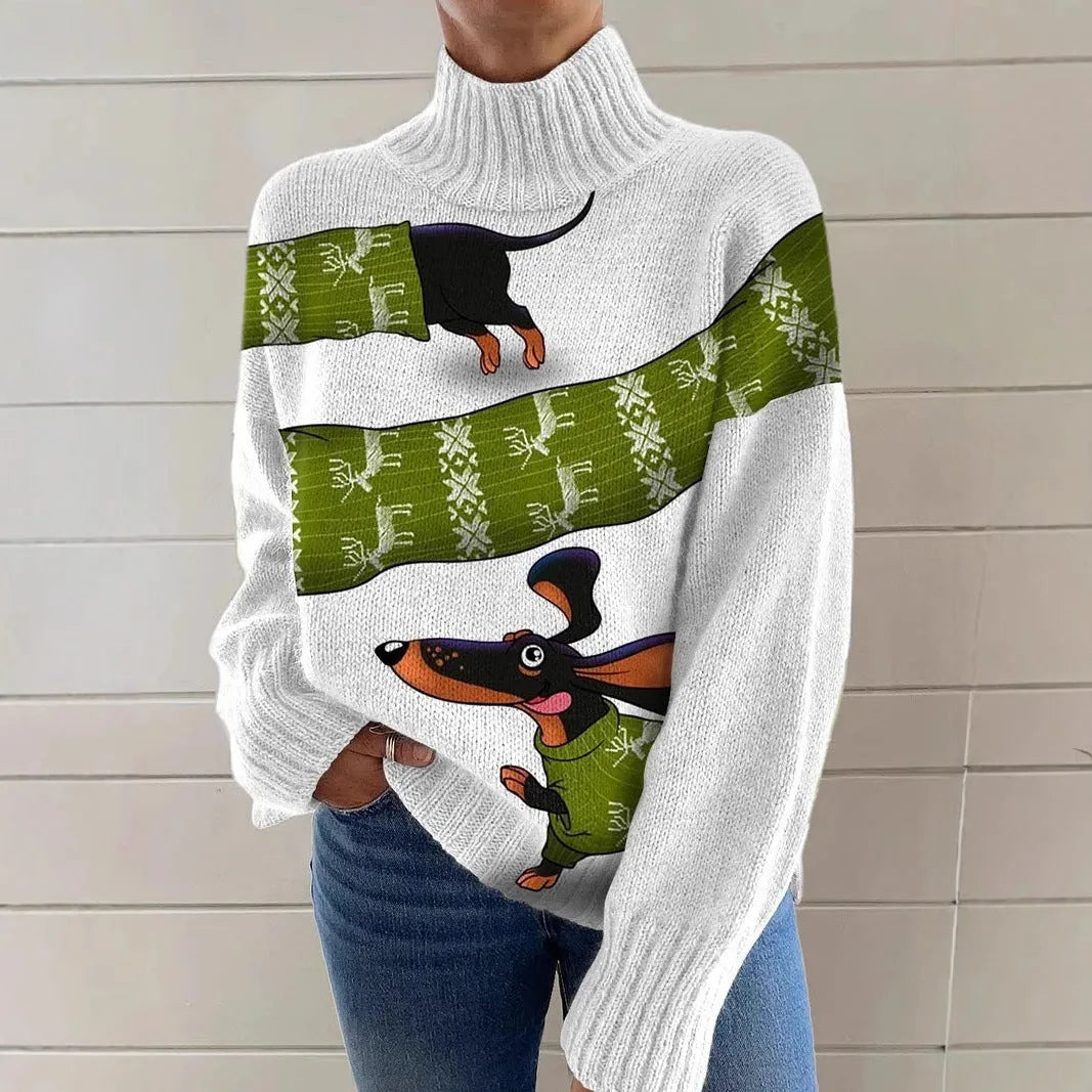 Women's loose-fit Christmas printed turtleneck sweater in a macaron colour