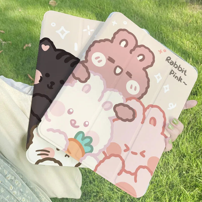 Silicone tri-fold iPad protective case with cartoon cat design, shown in stand mode.