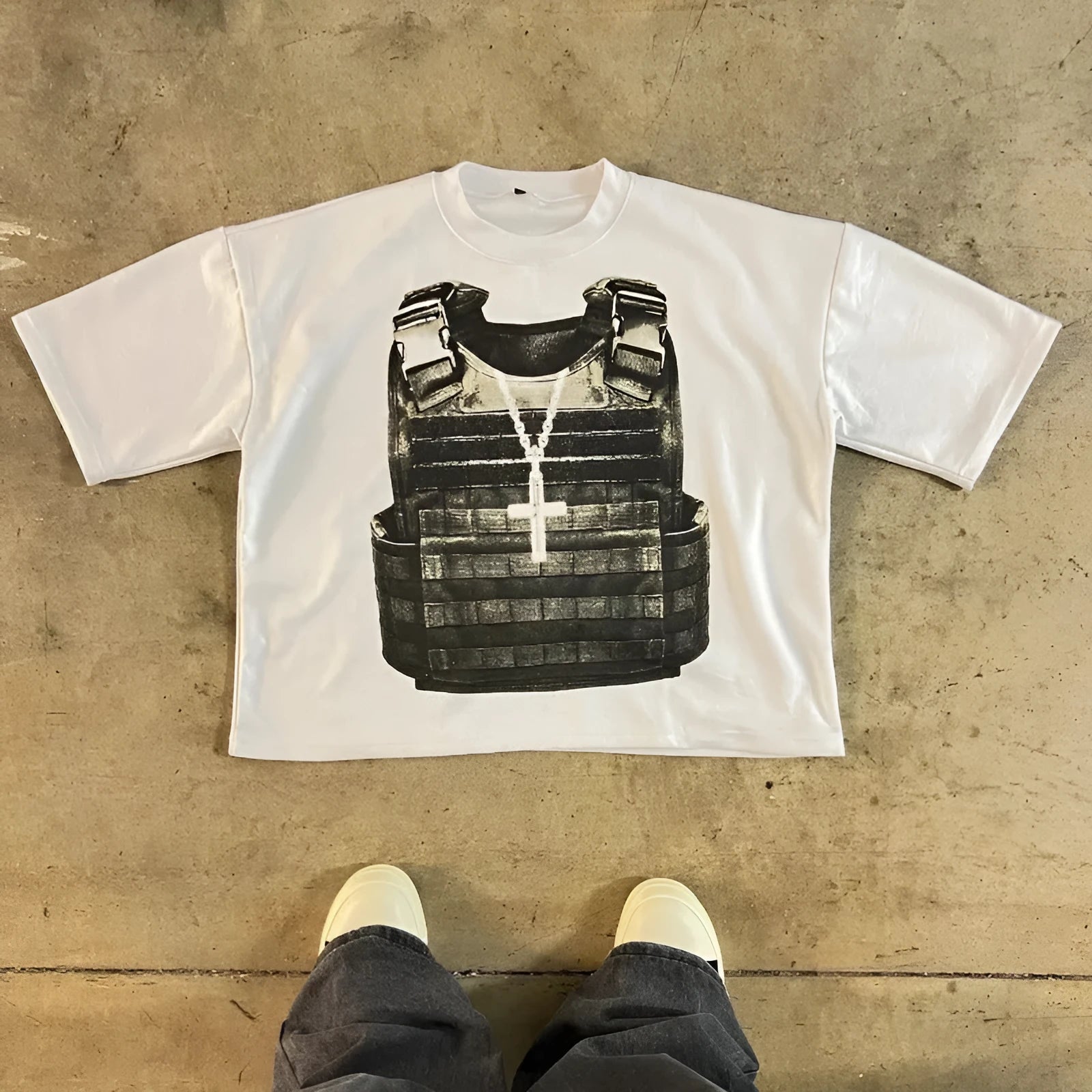 Retro style printed cotton T-shirt with drop shoulder sleeves on a neutral background
